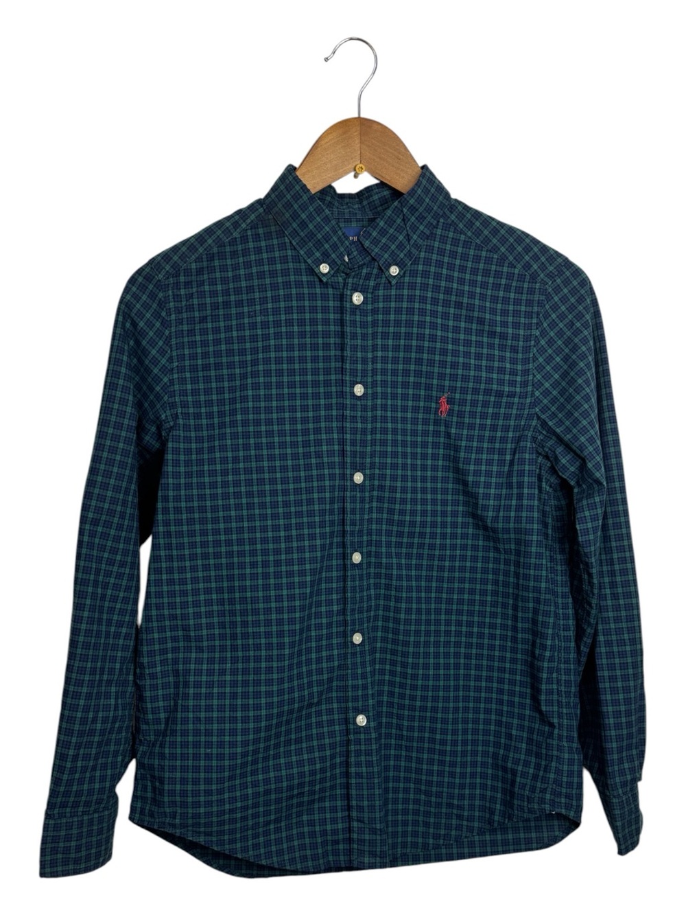 Ralph Lauren Navy and Green Plaid Button-Down Shirt Boys 12-14 L Holiday